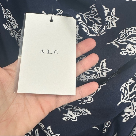 A.L.C. Misha Silk Navy Blue White One Shoulder Dress Size 8 - Picture 5 of 7